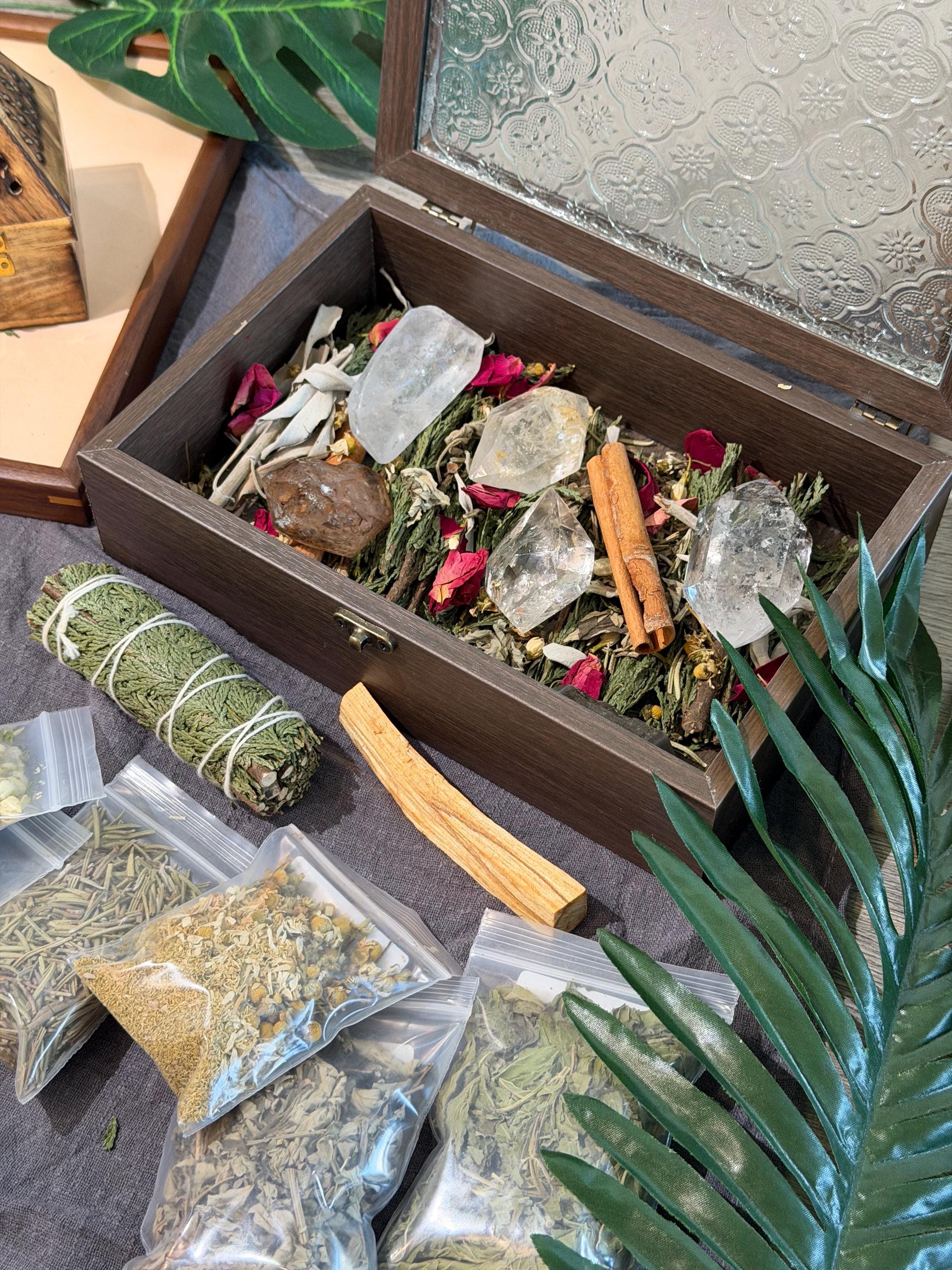 Smudge Box Home of Crystals Wooden Box | 4 Elements Bundle Palo Santo, White Sage ...