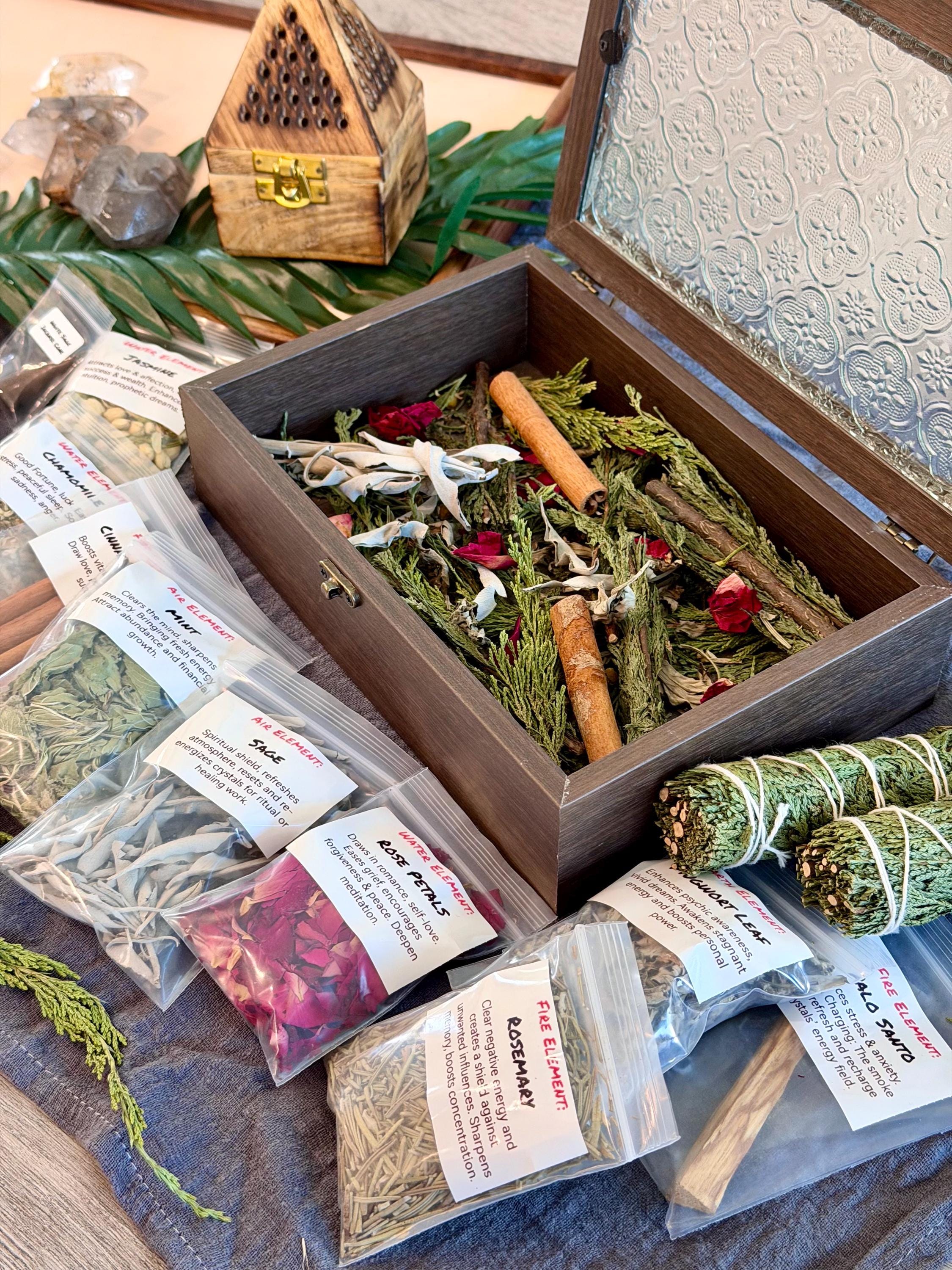 Smudge Box Home of Crystals Wooden Box | 4 Elements Bundle Palo Santo, White Sage ...