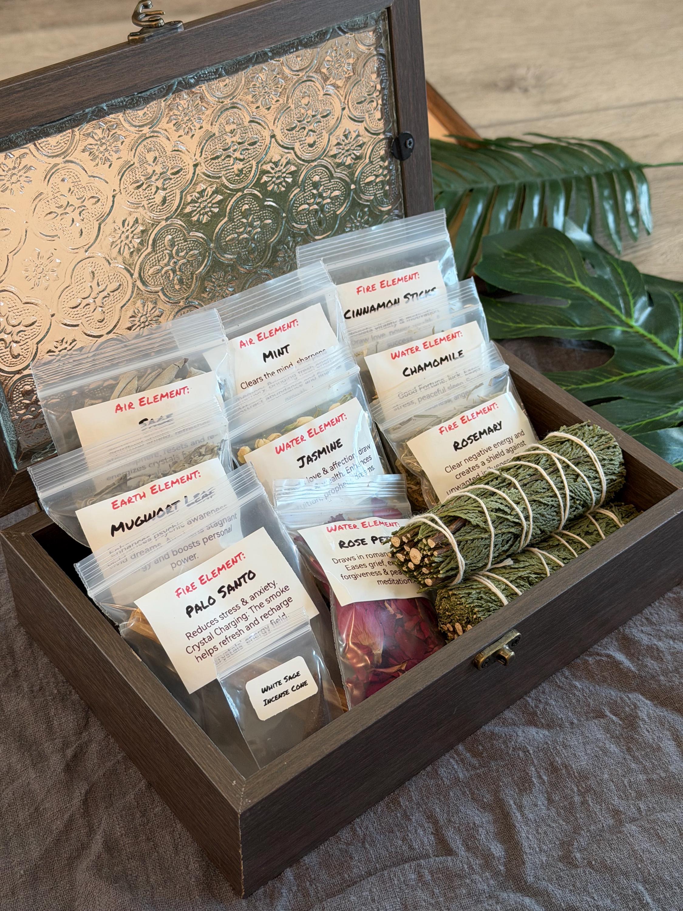Smudge Box Home of Crystals Wooden Box | 4 Elements Bundle Palo Santo, White Sage ...