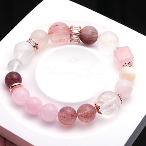 Precious Gemstone Strawberry Milkshake: Rutilated Quartz, Moonstone, Rose Quartz, Strawberry Quartz, Handmade Original Design Bracelet