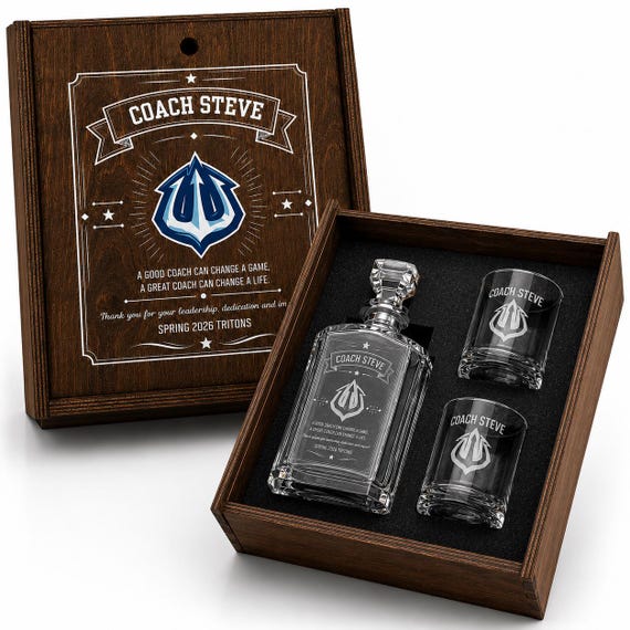 A fully kitted coach appreciation gift box — custom-engraved decanter and glasses presented as a premium gift set, not just a loose item.