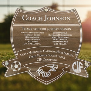 Custom Acrylic and Wood Soccer Coach Plaque with Coach and Players Names, End of Season Gift