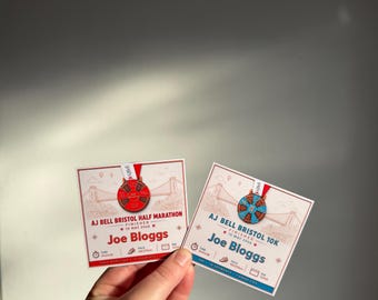 Imán personalizado para la media maratón y la carrera de 10 km de Bristol / Regalo personalizado para quienes finalicen la carrera / Recuerdo de running / Exhibidor de tiempo y dorsal de maratón / Regalo para corredores