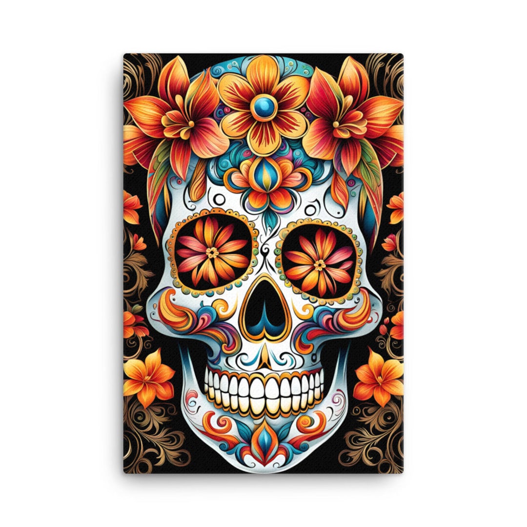 Calaveras De Azucar Gallery Canvas 24x36 Día De Los Muertos Mexican Folkart Ready to Hang