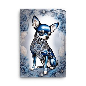 Ornate Blue Chihuahua Canvas 24"x36" Whimsical Dog Illustration Unique Puppy Wall Art Floral Animal Print for Nursery Chihuahua Lover Gift