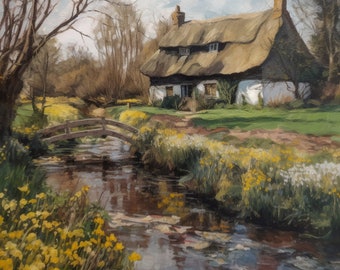 18th Century Thatched Cottage Oil Painting | Country Garden Landscape |  Printable Art | Farmhouse Cottagecore Decor | Spring Cottage No. 5
