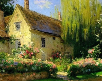 Cotswold Cottage Oil Painting | Impressionist Country Garden Landscape | Printable Art | The Cotswolds | Cottagecore | Summer Cottage No. 4