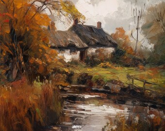 18th Century Thatched Cottage Oil Painting | Country Garden Landscape |  Printable Art | Farmhouse Cottagecore Decor | Autumn Cottage No. 5