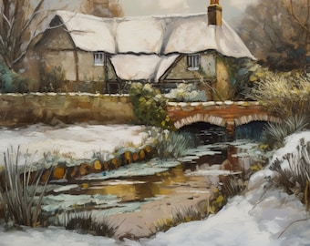 18th Century Thatched Cottage Oil Painting | Country Garden Landscape |  Printable Art | Farmhouse Cottagecore Decor | Winter Cottage No. 5