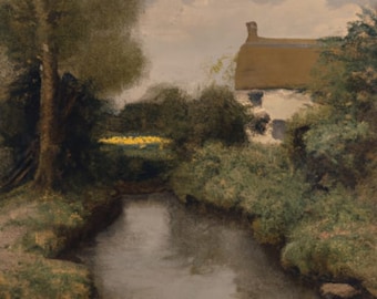 18th Century Thatched Cottage Oil Painting | Country Garden Landscape | Printable Art | Farmhouse Cottagecore Decor | Summer Cottage No. 3