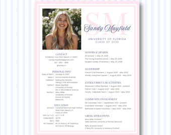 Puede incluir: Una plantilla de currículum vitae rosa y blanca con una foto de una mujer sonriente. El currículum incluye información de contacto, datos personales, educación, honores, liderazgo, actividades extracurriculares, participación comunitaria y afiliaciones griegas.