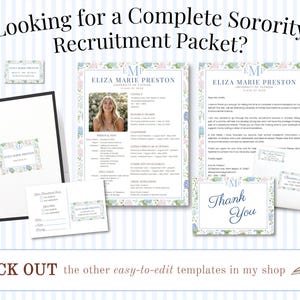 May include: A sorority recruitment packet set featuring floral borders, including a resume, cover letter, thank you card, and labels with the name Eliza Marie Preston. The text reads Looking for a Complete Sorority Recruitment Packet and CHECK OUT.
