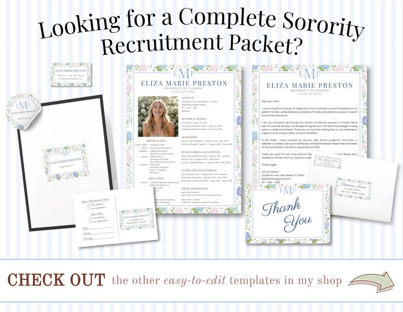 May include: A sorority recruitment packet set featuring floral borders, including a resume, cover letter, thank you card, and labels with the name Eliza Marie Preston. The text reads Looking for a Complete Sorority Recruitment Packet and CHECK OUT.