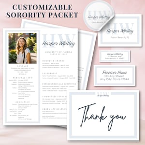 Plantilla personalizable para paquete de reclutamiento de hermandad, diseño elegante y editable en azul, currículum digital, carta de presentación, pegatinas y nota de agradecimiento.