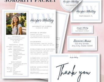 Customizable Sorority Recruitment Packet Template, Editable Blue Stylish Design, Digital Resume, Cover Letter, Stickers & Thank You Note