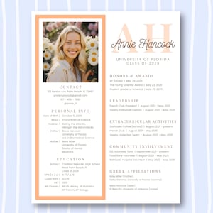 Plantilla editable de currículum para hermandades en naranja, diseño de Canva con foto, elegante carta de presentación para reclutamiento de hermandades, paquete "Greek Life Rush"