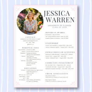 Plantilla editable de currículum preppy rosa para hermandad, diseño de Canva con foto, elegante carta de presentación para reclutamiento de hermandad, paquete "Greek Life Rush"