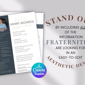 Fraternity Resume Template with Photo; Social Resume Template and Cover Letter; Modern Fraternity Resume Template Canva; Editable Rush Kit image 2