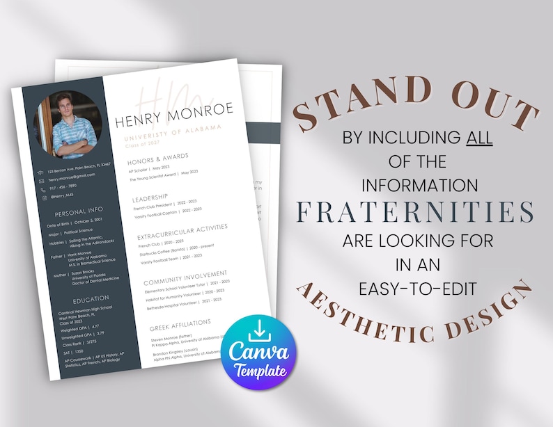 Fraternity Resume Template with Photo; Social Resume Template and Cover Letter; Modern Fraternity Resume Template Canva; Editable Rush Kit image 2