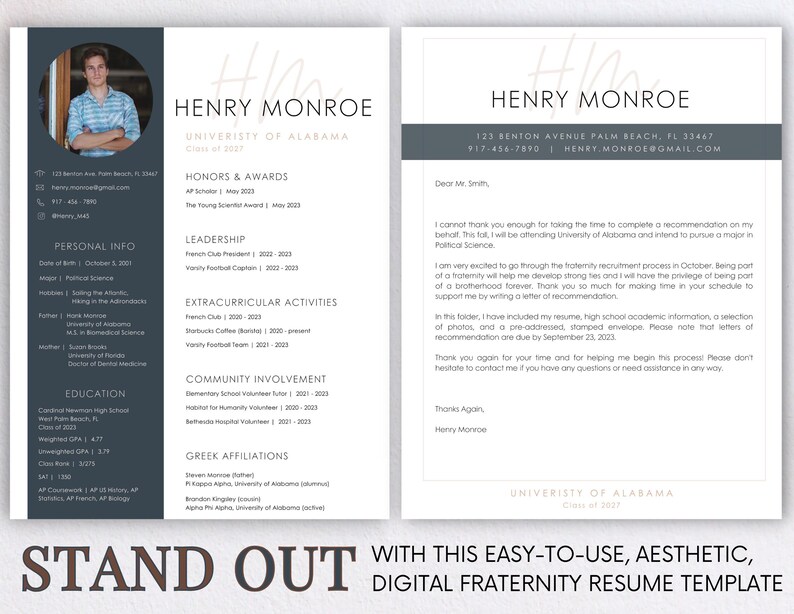 Fraternity Resume Template with Photo; Social Resume Template and Cover Letter; Modern Fraternity Resume Template Canva; Editable Rush Kit image 8