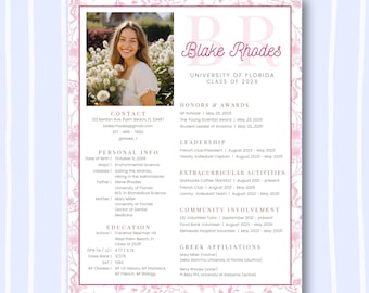 Editable Pink Floral Chinoiserie Sorority Resume Template, Sorority Recruitment Cover Letter, Greek Life Rush Pack, Canva Design with Photo
