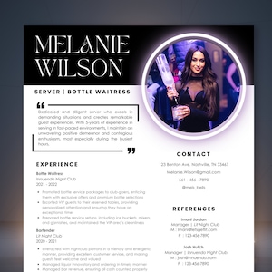 Customizable Bottle Girl, Waitress, Bartender Resume Template with Photo