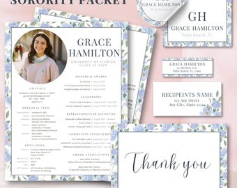 Customizable Sorority Recruitment Packet Template, Editable Blue Floral Design, Digital Resume, Cover Letter, Stickers & Thank You Note