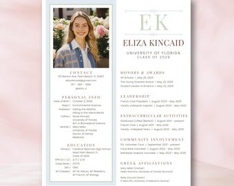 Modello di curriculum modificabile per confraternita Preppy Blue Green, design Canva con foto, lettera di presentazione per reclutamento confraternita, pacchetto Cute Greek Life Rush