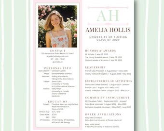 Plantilla editable de currículum de hermandad en rosa y verde, diseño de Canva con foto, carta de presentación para reclutamiento de hermandad, paquete "Greek Life Rush"