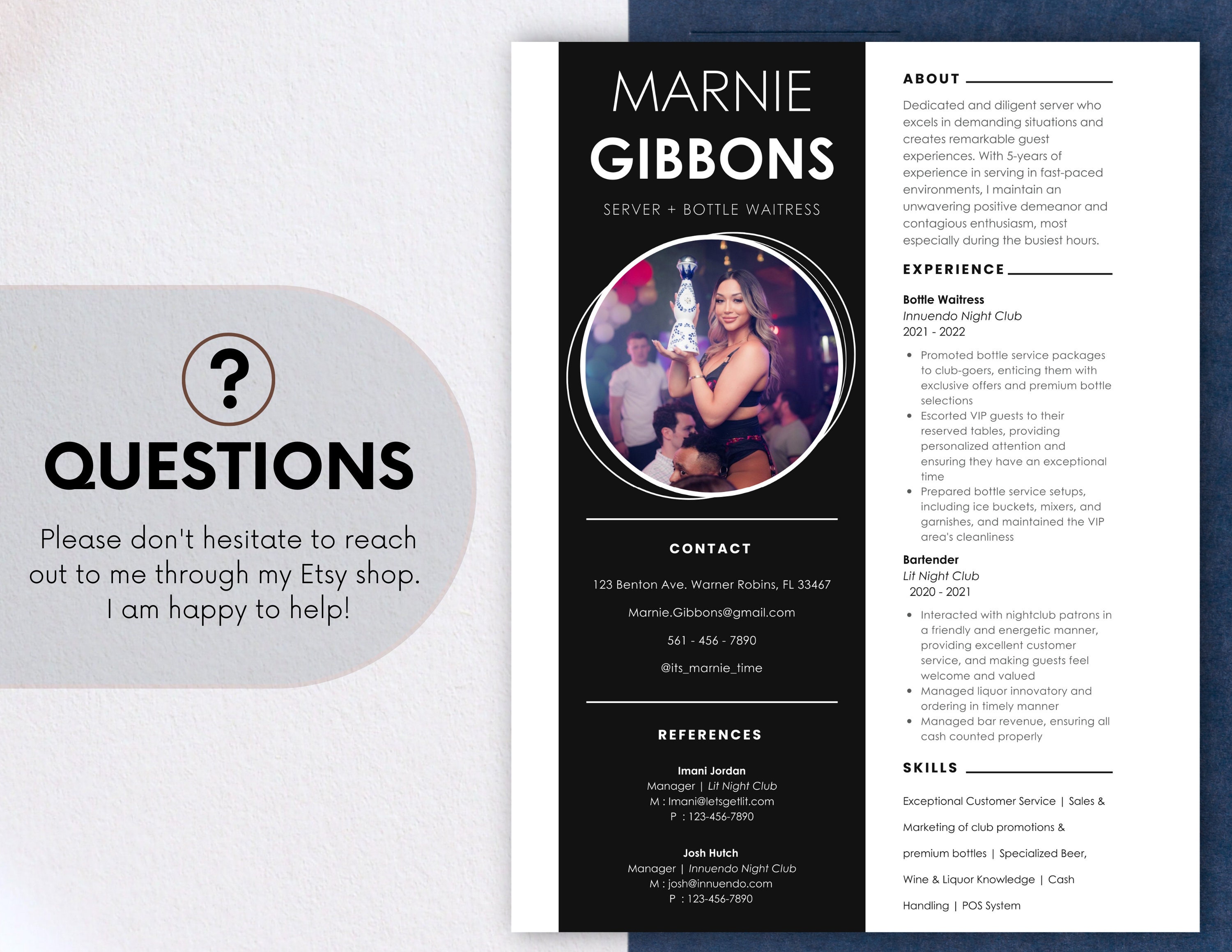 Customizable Bottle Girl, Waitress, Bartender Resume Template Etsy