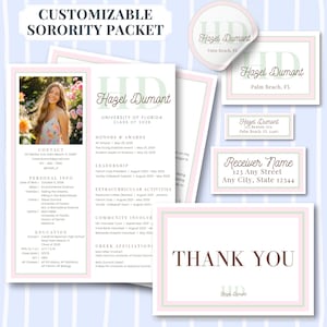 Plantilla personalizable para paquete de reclutamiento de hermandad, diseño elegante en rosa y verde editable, currículum digital, carta de presentación, pegatinas y agradecimiento.