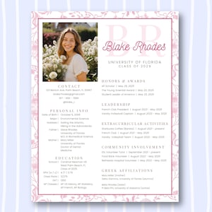 Plantilla editable de currículum para hermandad con estampado chinoiserie floral rosa, carta de presentación para reclutamiento de hermandad, paquete "Greek Life Rush", diseño de Canva con foto