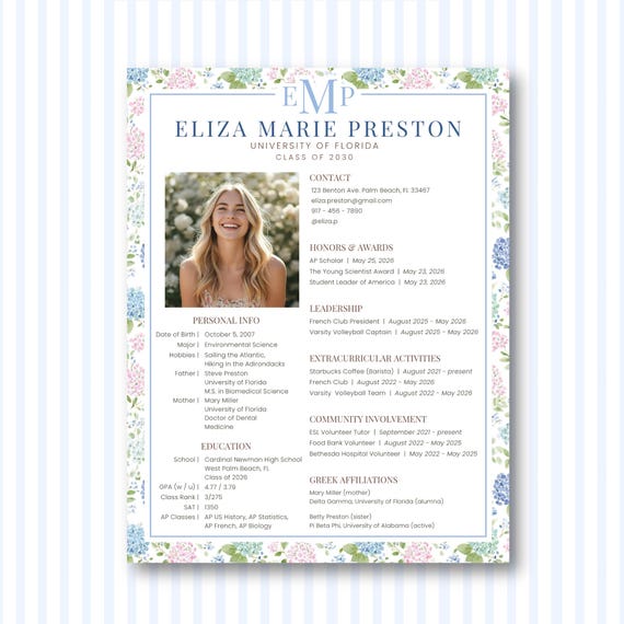 Floral Monogram Sorority Resume Template with Photo, Recruitment Cover Letter, 2026 PNM Rush Pack