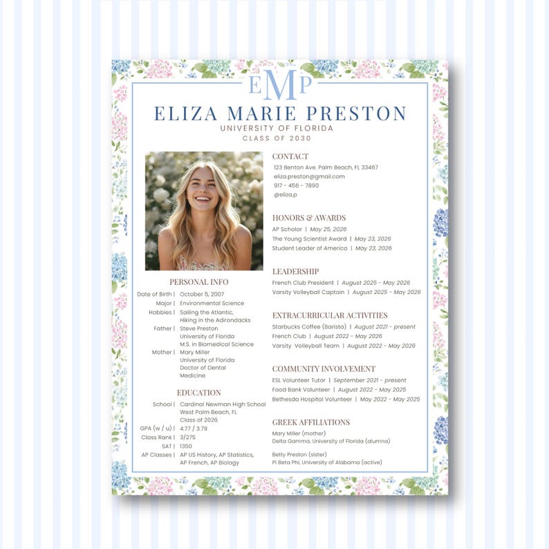 Puede incluir: Un curr&iacute;culum vitae con una foto de Eliza Marie Preston, estudiante de la Universidad de Florida, clase de 2030. Incluye informaci&oacute;n de contacto, honores, roles de liderazgo, actividades extracurriculares, participaci&oacute;n comunitaria y afiliaciones griegas. El dise&ntilde;o presenta un borde floral.
