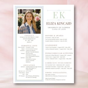 Modelo de currículo editável para irmandade azul-esverdeada, design Canva com foto, carta de apresentação para recrutamento de irmandade, pacote rápido Cute Greek Life