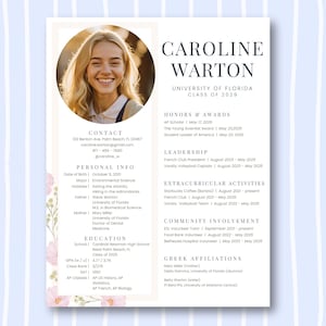 Plantilla editable de currículum floral rosa para hermandad, diseño de Canva con foto, elegante carta de presentación para reclutamiento de hermandad, paquete "Greek Life Rush"