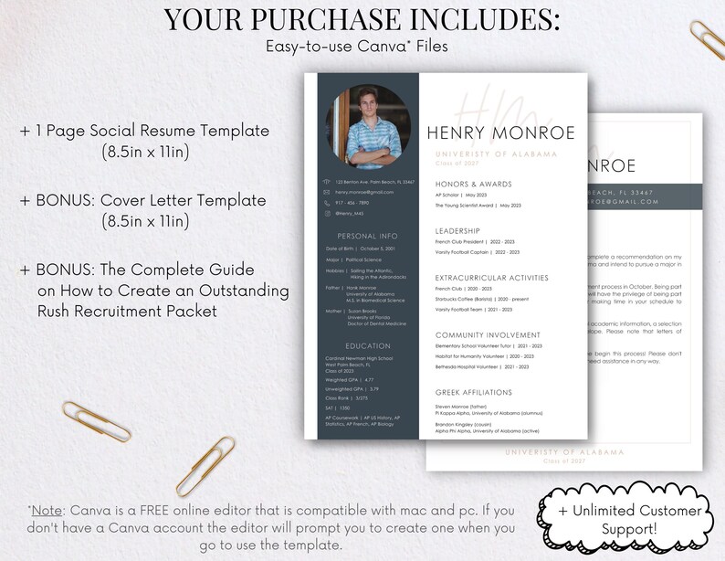 Fraternity Resume Template with Photo; Social Resume Template and Cover Letter; Modern Fraternity Resume Template Canva; Editable Rush Kit image 3