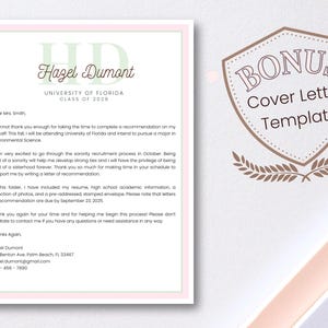 K&ouml;nnte beinhalten: Eine rosa und gr&uuml;ne Vorlage f&uuml;r ein Empfehlungsschreiben mit dem Text "Hazel Dumont, University of Florida, Class of 2029" oben. Der Brief ist an "Sehr geehrte Frau Smith" gerichtet und enth&auml;lt eine Nachricht, in der sich der Absender f&uuml;r die Zeit und Unterst&uuml;tzung bedankt.