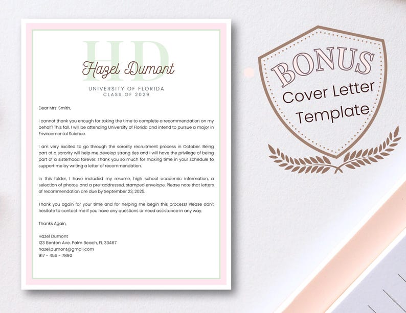 K&ouml;nnte beinhalten: Eine rosa und gr&uuml;ne Vorlage f&uuml;r ein Empfehlungsschreiben mit dem Text "Hazel Dumont, University of Florida, Class of 2029" oben. Der Brief ist an "Sehr geehrte Frau Smith" gerichtet und enth&auml;lt eine Nachricht, in der sich der Absender f&uuml;r die Zeit und Unterst&uuml;tzung bedankt.