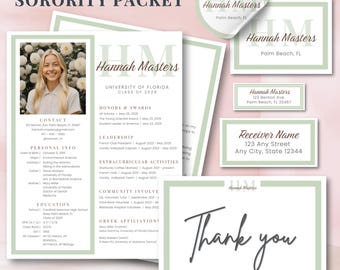Customizable Green Sorority Recruitment Packet Template, Editable Stylish Design, Digital Resume, Cover Letter, Stickers & Thank You Note