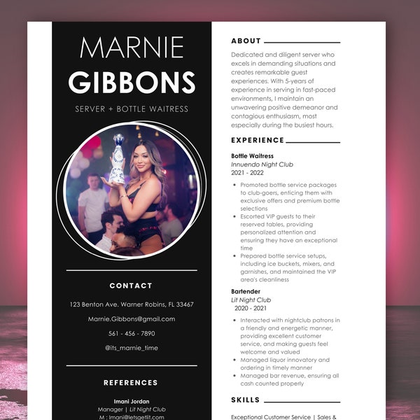 Customizable Bottle Girl, Waitress, Bartender Resume Template