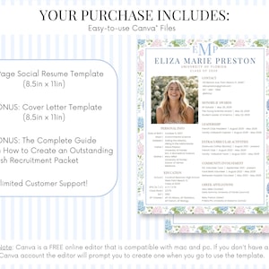 Puede incluir: Una plantilla de curr&iacute;culum vitae con foto, borde floral y el nombre Eliza Marie Preston. La plantilla incluye secciones para informaci&oacute;n de contacto, educaci&oacute;n y actividades extracurriculares. La compra incluye una plantilla de curr&iacute;culum, una plantilla de carta de presentaci&oacute;n y una gu&iacute;a.