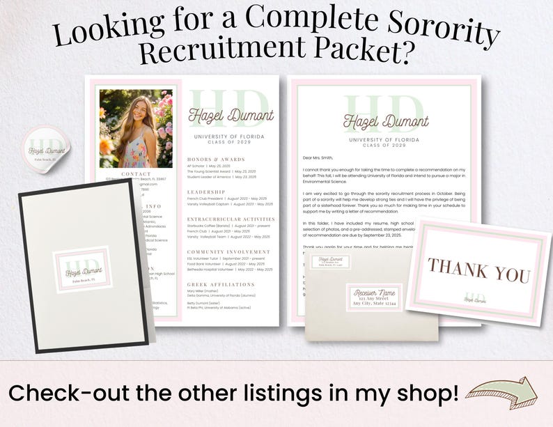 K&ouml;nnte beinhalten: Ein Sorority-Rekrutierungspacket in rosa und gr&uuml;ner Farbe. Das Paket enth&auml;lt ein Anschreiben, eine Dankeskarte und ein Foto der Bewerberin. Der Text auf dem Paket lautet "Hazel Dumont, University of Florida, Class of 2023".