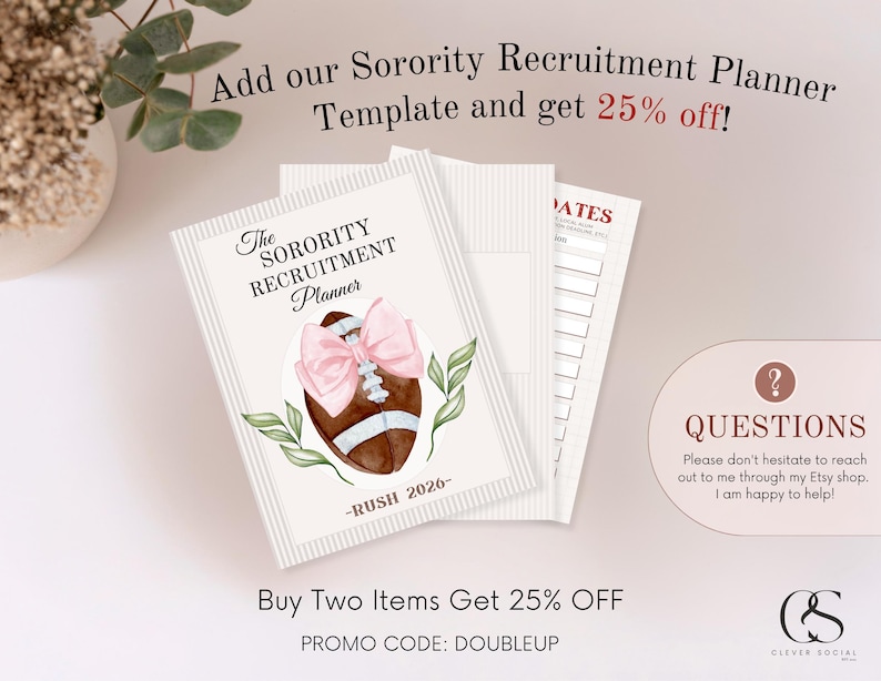 Puede incluir: Un planificador de reclutamiento de hermandad con una ilustraci&oacute;n de f&uacute;tbol americano y lazo rosa. La portada dice "The Sorority Recruitment Planner - RUSH 2020". El texto incluye "Add our Sorority Recruitment Planner Template and get 25% off!"