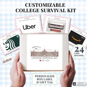 May include: A customizable college survival kit with gift cards for Uber, Chipotle, Starbucks, and Amazon. The kit includes a box label and gift tag, with 24 card holders. The box is decorated with a college building illustration.