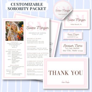 Modelo de pacote de recrutamento de irmandade personalizável, design rosa elegante e editável, currículo digital, carta de apresentação, adesivos e nota de agradecimento