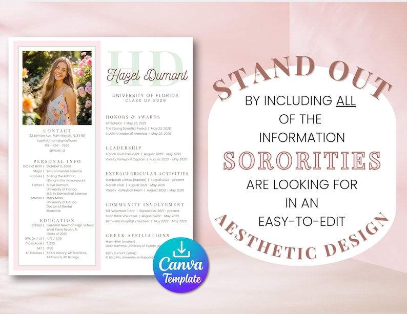 K&ouml;nnte beinhalten: Eine rosa und wei&szlig;e Lebenslaufvorlage mit einem Foto einer Frau in einem Blumenkleid. Der Text "Stand Out" ist in einer gro&szlig;en, fetten Schrift. Der Lebenslauf enth&auml;lt Informationen &uuml;ber die Ausbildung der Frau, ihre Berufserfahrung und ihre au&szlig;erschulischen Aktivit&auml;ten. Die Vorlage soll Studenten helfen, sich bei der Bewerbung f&uuml;r Sororit&auml;ten abzuheben.