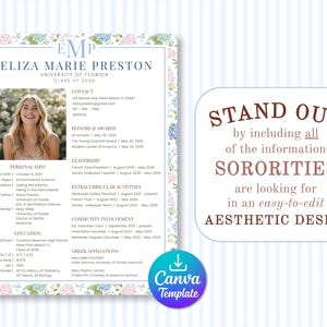 Puede incluir: Una plantilla de curr&iacute;culum con un borde floral, con una foto de una mujer sonriente. El documento incluye secciones para informaci&oacute;n personal, honores, liderazgo y actividades extracurriculares. El texto a la derecha dice "STAND OUT by including all of the information SORORITIES are looking for in an easy-to-edit AESTHETIC DESIGN."