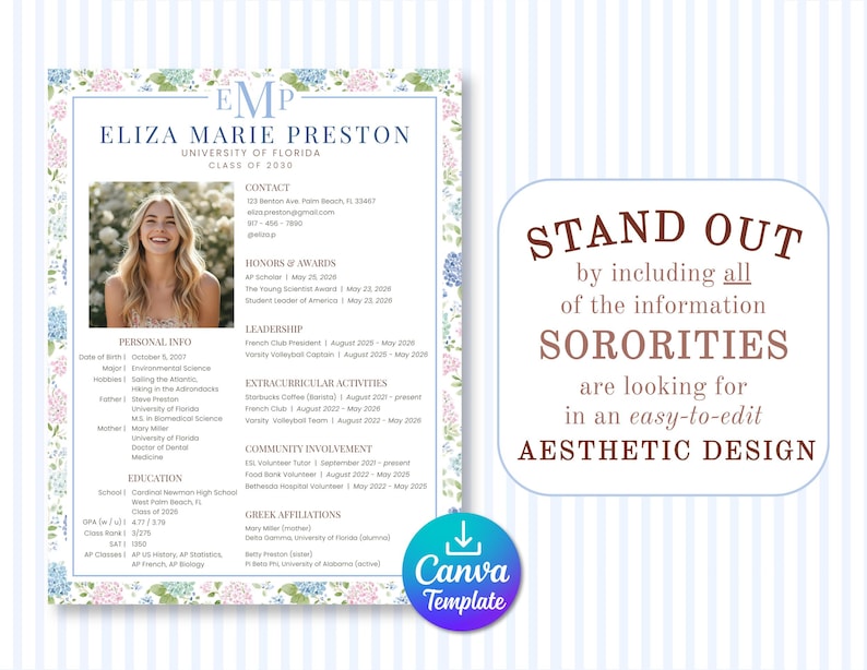 Puede incluir: Una plantilla de curr&iacute;culum con un borde floral, con una foto de una mujer sonriente. El documento incluye secciones para informaci&oacute;n personal, honores, liderazgo y actividades extracurriculares. El texto a la derecha dice "STAND OUT by including all of the information SORORITIES are looking for in an easy-to-edit AESTHETIC DESIGN."