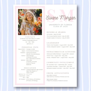 Modello di curriculum modificabile per confraternita rosa, design Canva con foto, elegante lettera di presentazione per reclutamento confraternita, grazioso pacchetto Greek Life Rush